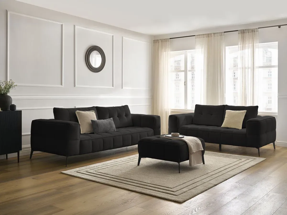 Ensemble canapé droit fixe 3 + 2 places ANIS tissu texturé avec pouf noir   BOBOCHIC