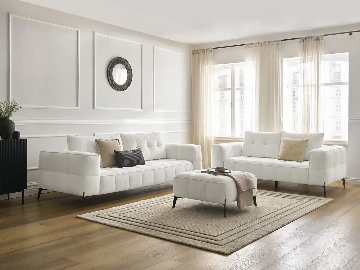 Ensemble canapé droit fixe 3 + 2 places ANIS tissu texturé avec pouf blanc   BOBOCHIC