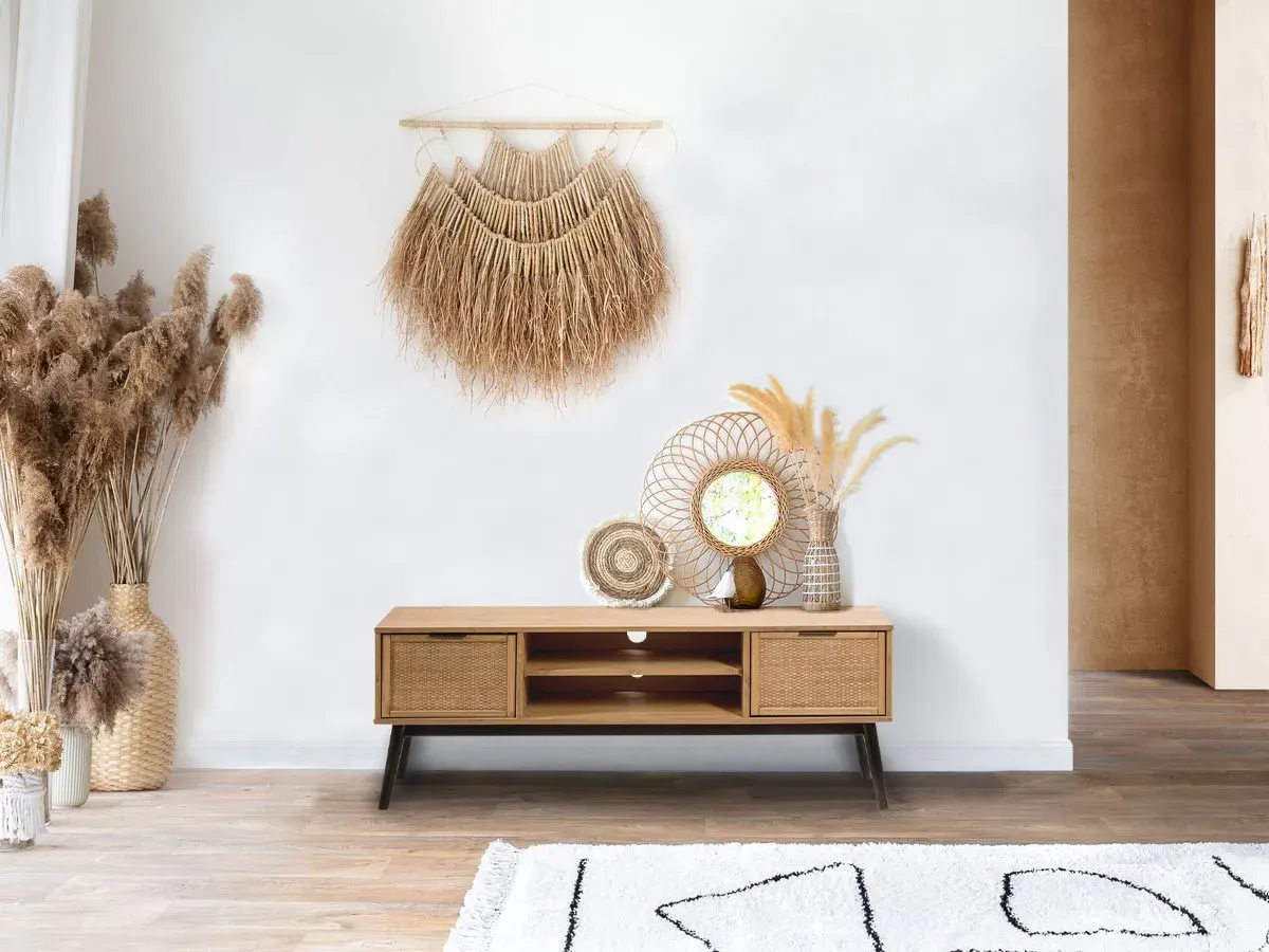 Meuble TV 140 cm ALBI bois massif et rotin    BOBOCHIC