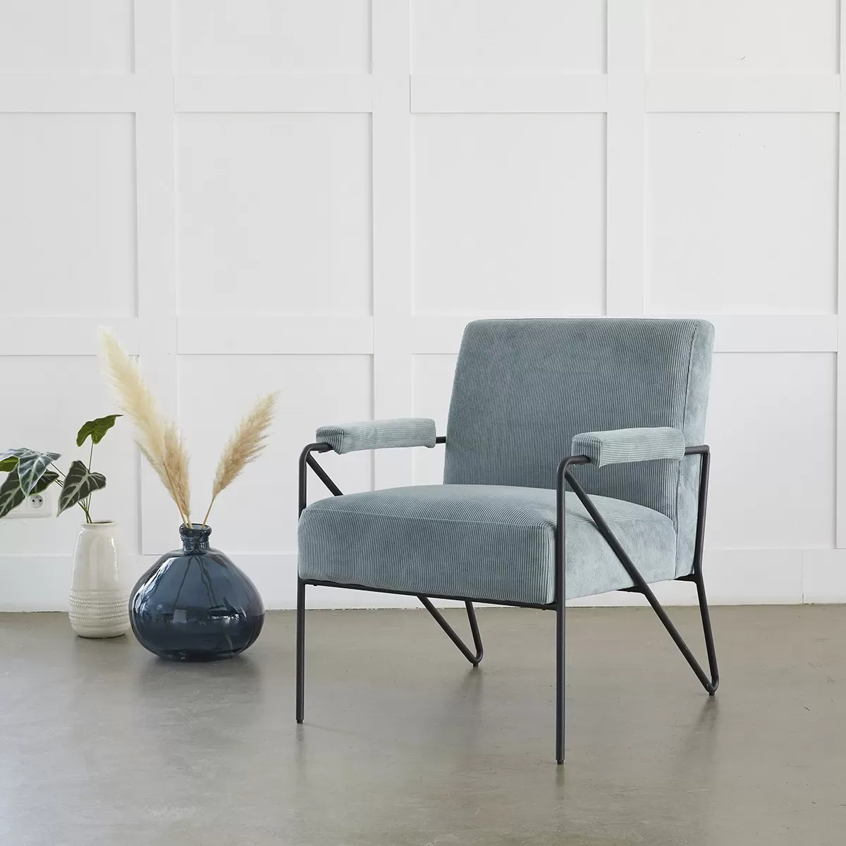 Fauteuil velours côtelé bleu