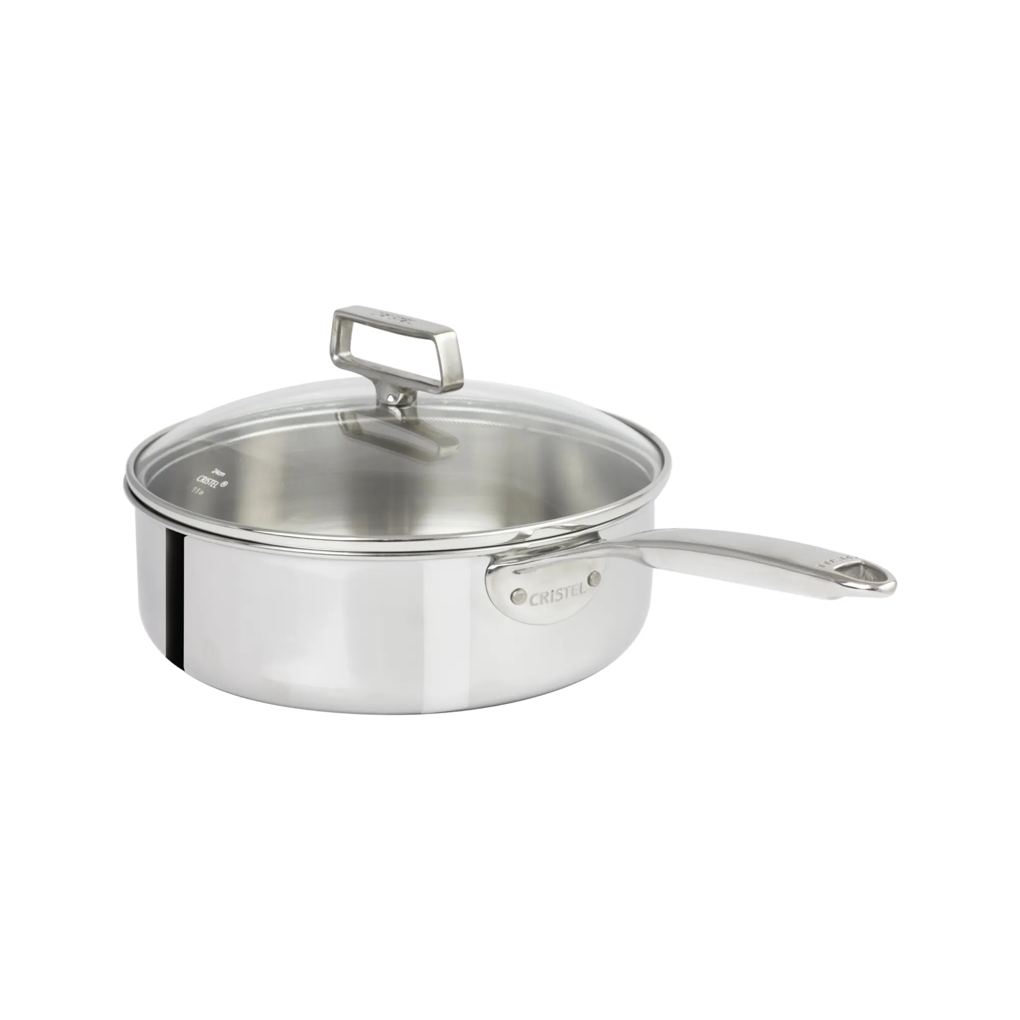 Sauteuse à bord droit inox 24cm CASTEL PRO 5 ply + couvercle en verre