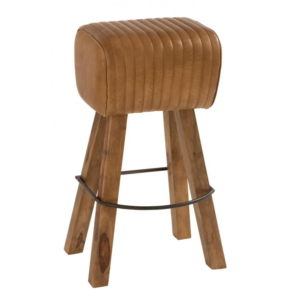 Tabouret Gym Cuir/Bois Manguier Camel/Naturel