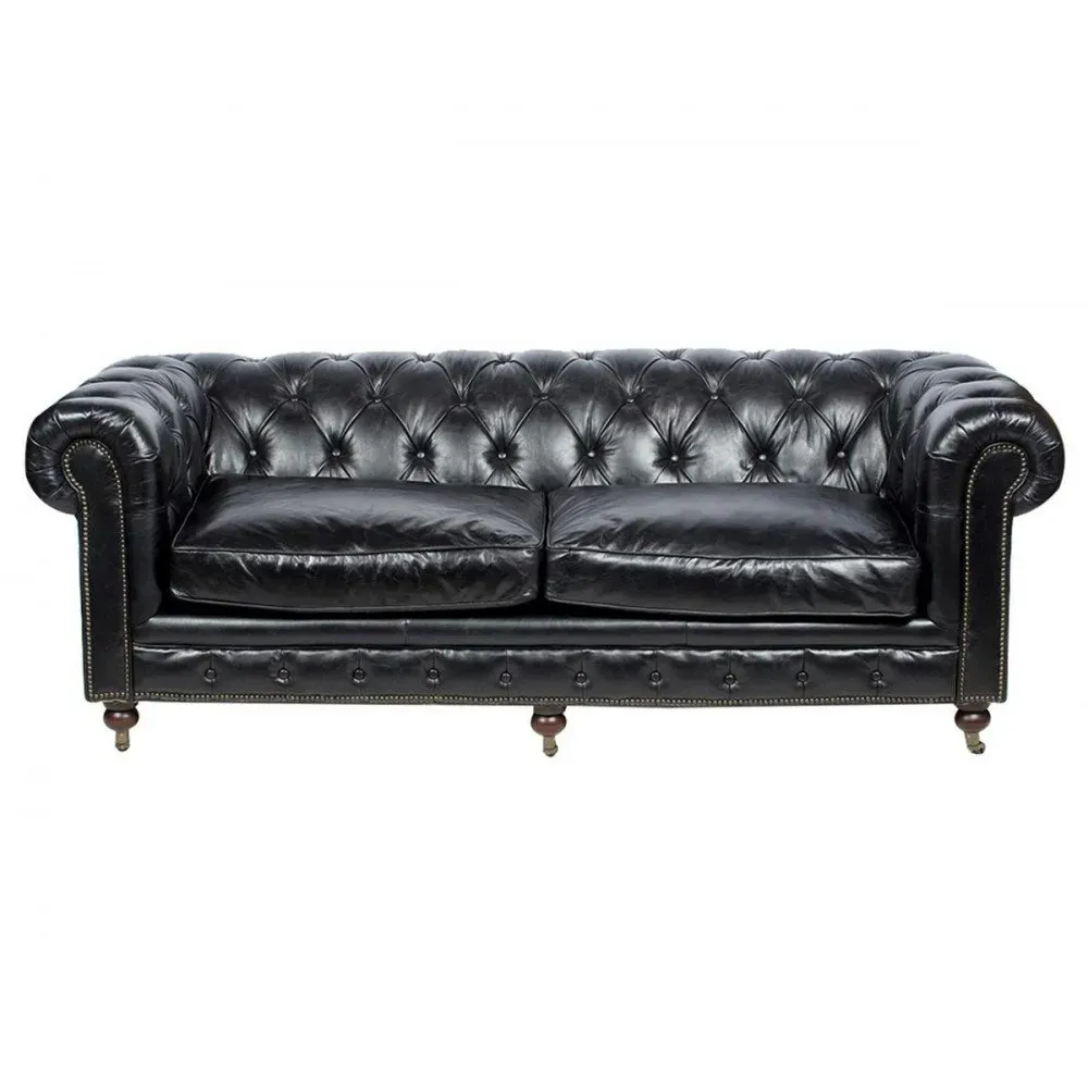 Canapé 3 places Chesterfield Chicago en cuir noir vintage
