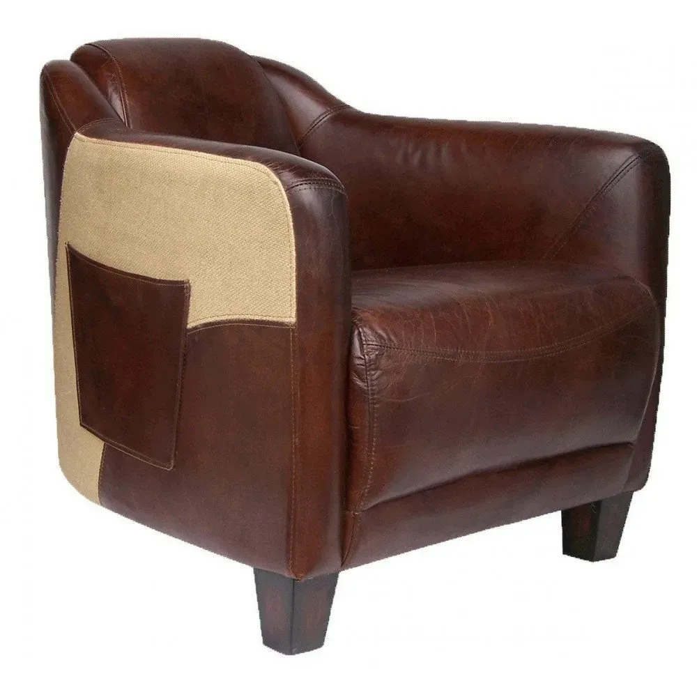 Fauteuil marron cuir avec poche Milord  Vintage