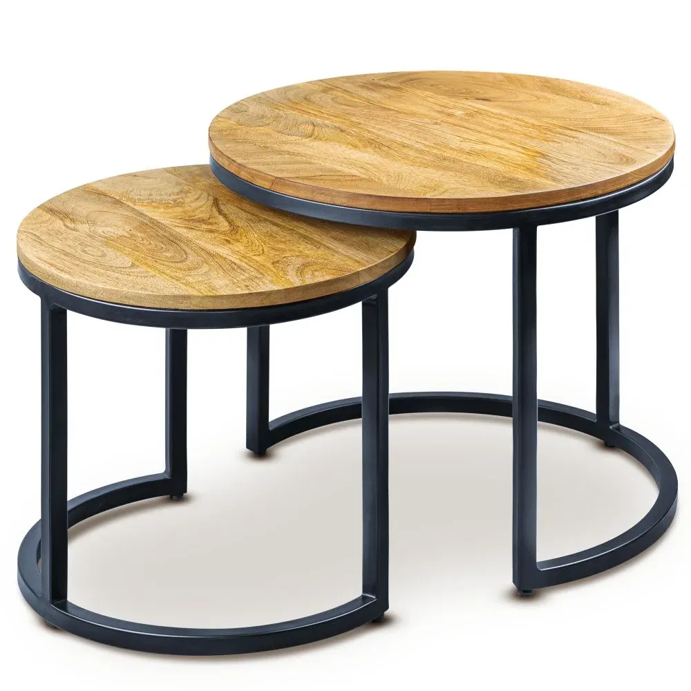 Tables Basses Gigognes en Bois de Manguier et Pieds Métal Style Industriel Eclipse