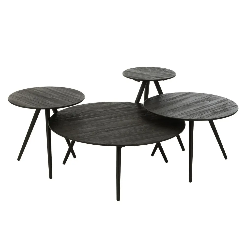 Set de 4 Tables Rondes Teck Recycle Noir