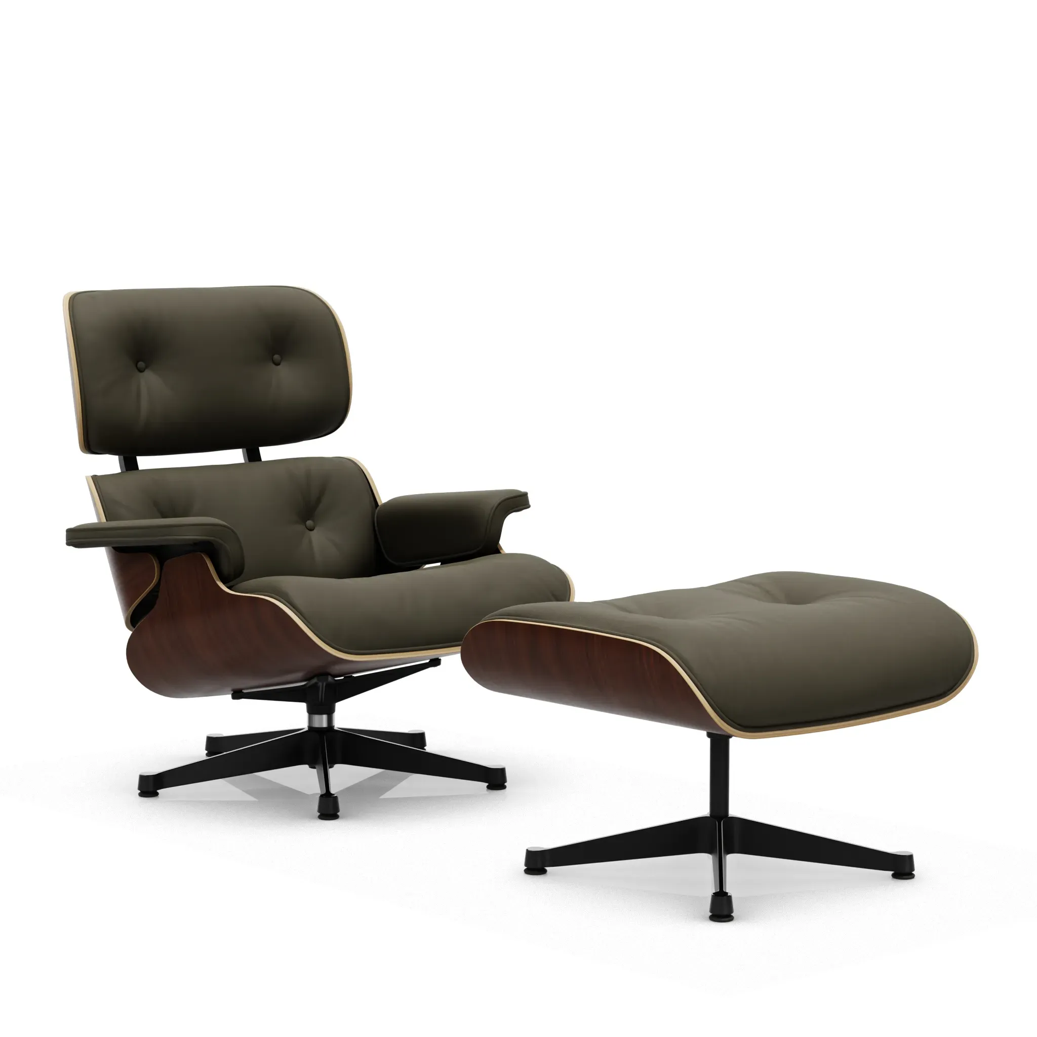 Vitra Lounge Chair & Ottoman - poli / côtés noirs - Cuir premium F kaki - VitraNussbaumDunkel