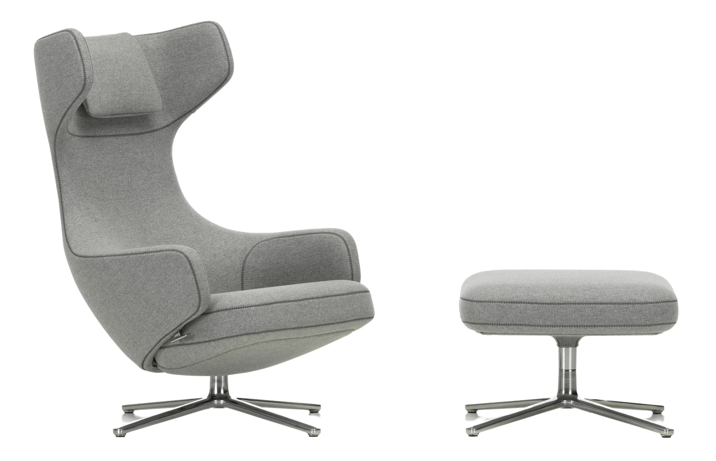 Vitra Fauteuil Grand Repos & Ottoman nouvelle édition - Aluminium poli - Cosy2 point de croix 01 gris galet - Hauteur du siège 45 cm