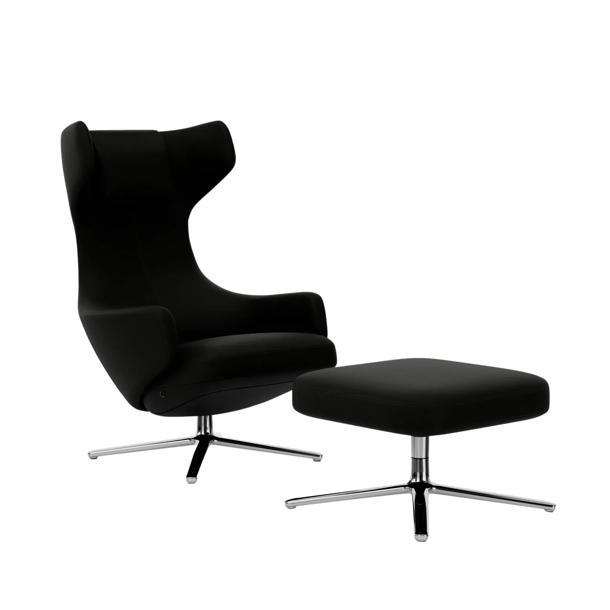 Vitra Fauteuil Grand Repos & Ottoman nouvelle édition - Aluminium poli - Cuir premium F nero - Hauteur du siège 40 cm
