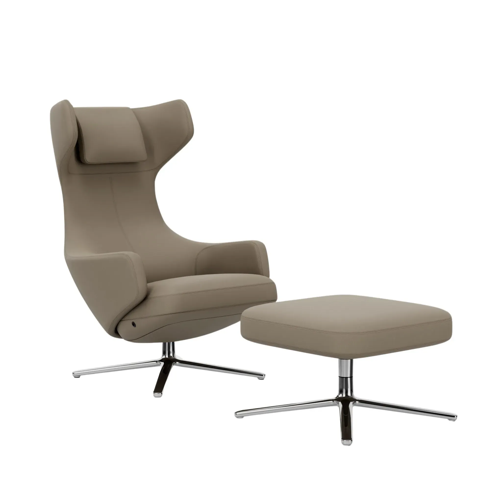 Vitra Fauteuil Grand Repos & Ottoman nouvelle édition - Aluminium poli - Cuir premium F sable - Hauteur du siège 40 cm