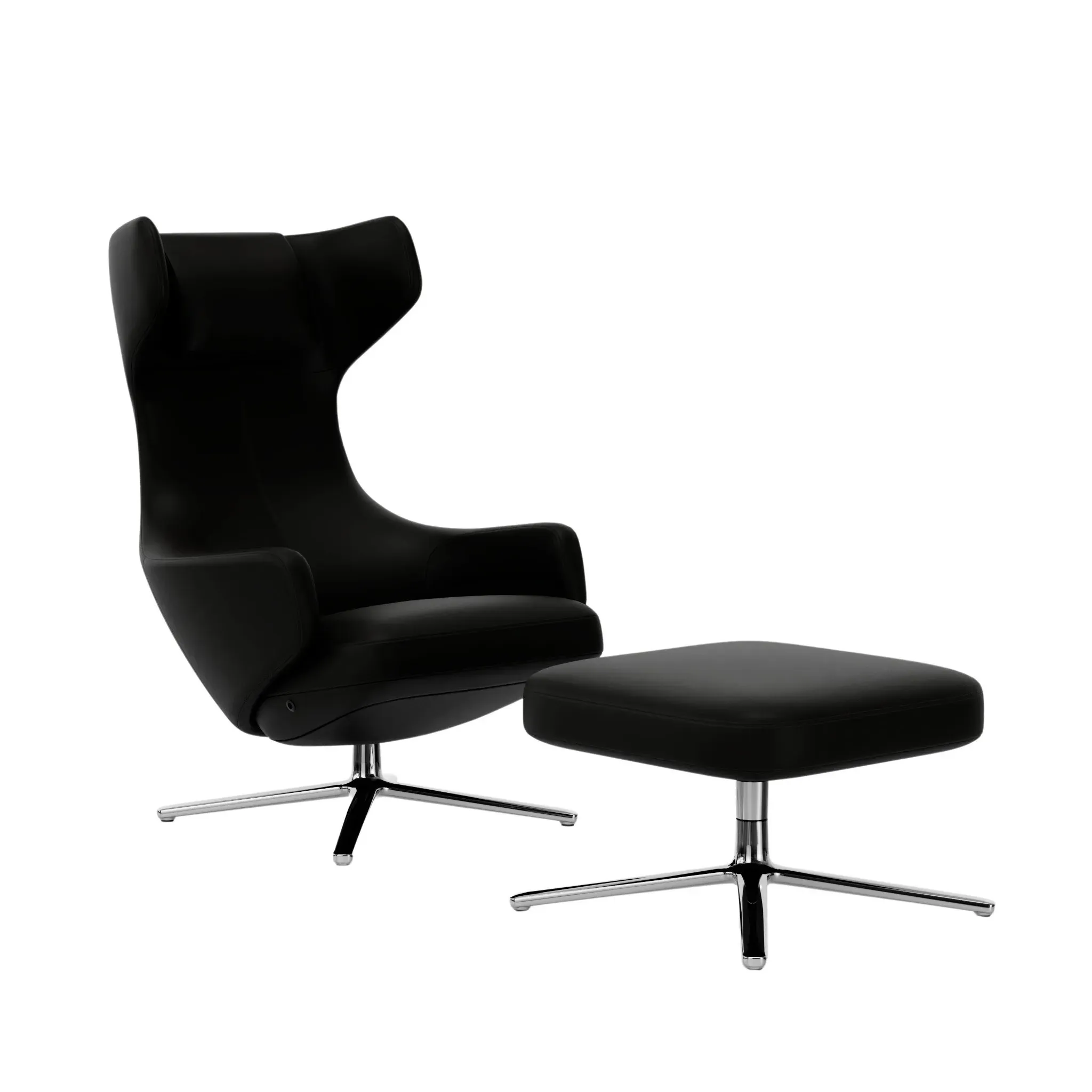 Vitra Fauteuil Grand Repos & Ottoman nouvelle édition - Aluminium poli - Cuir couture contraste 66 nero - Hauteur du siège 40 cm