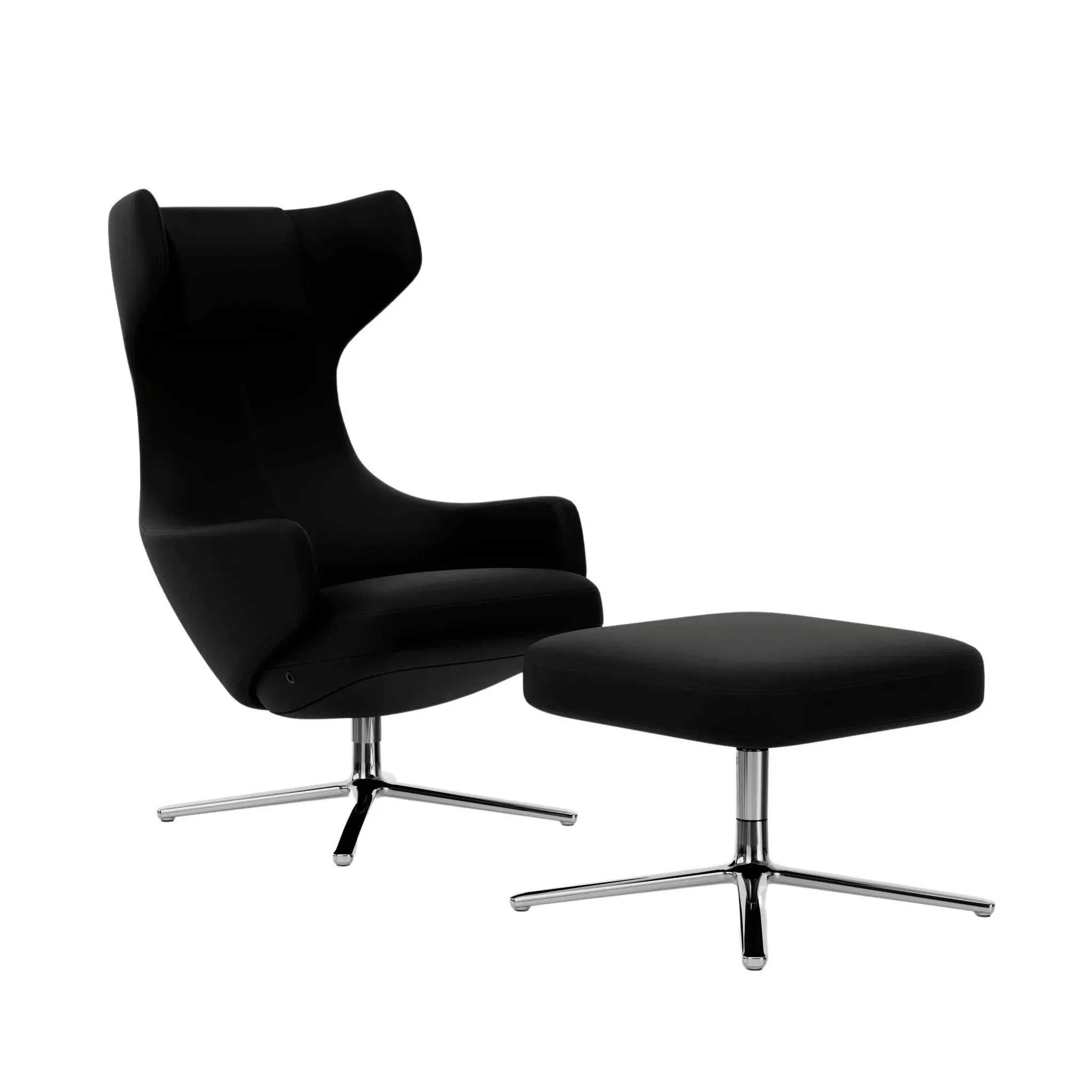 Vitra Fauteuil Grand Repos & Ottoman nouvelle édition - Aluminium poli - Cuir premium F nero - Hauteur du siège 45 cm