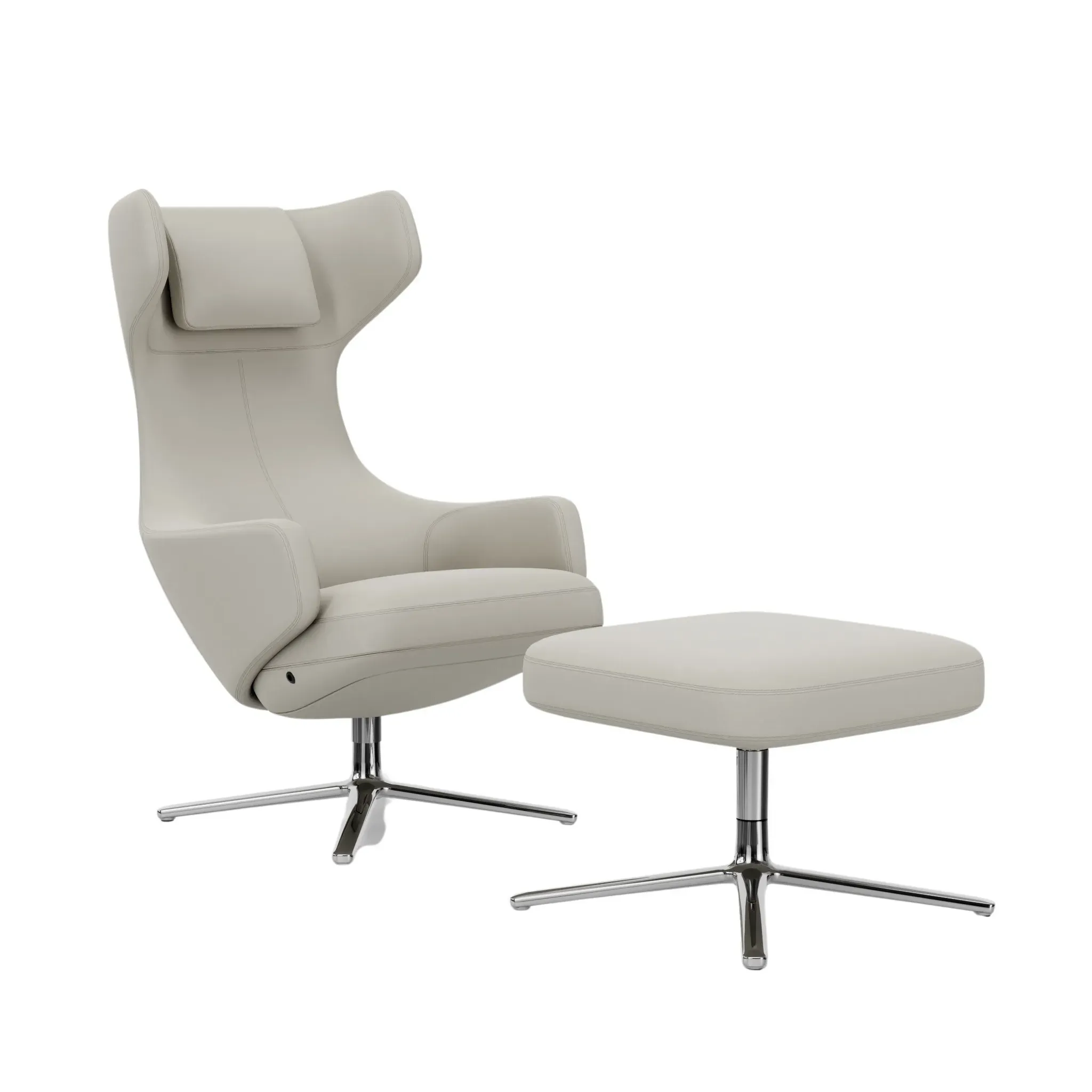 Vitra Fauteuil Grand Repos & Ottoman nouvelle édition - Aluminium poli - Cuir premium F snow - Hauteur du siège 45 cm