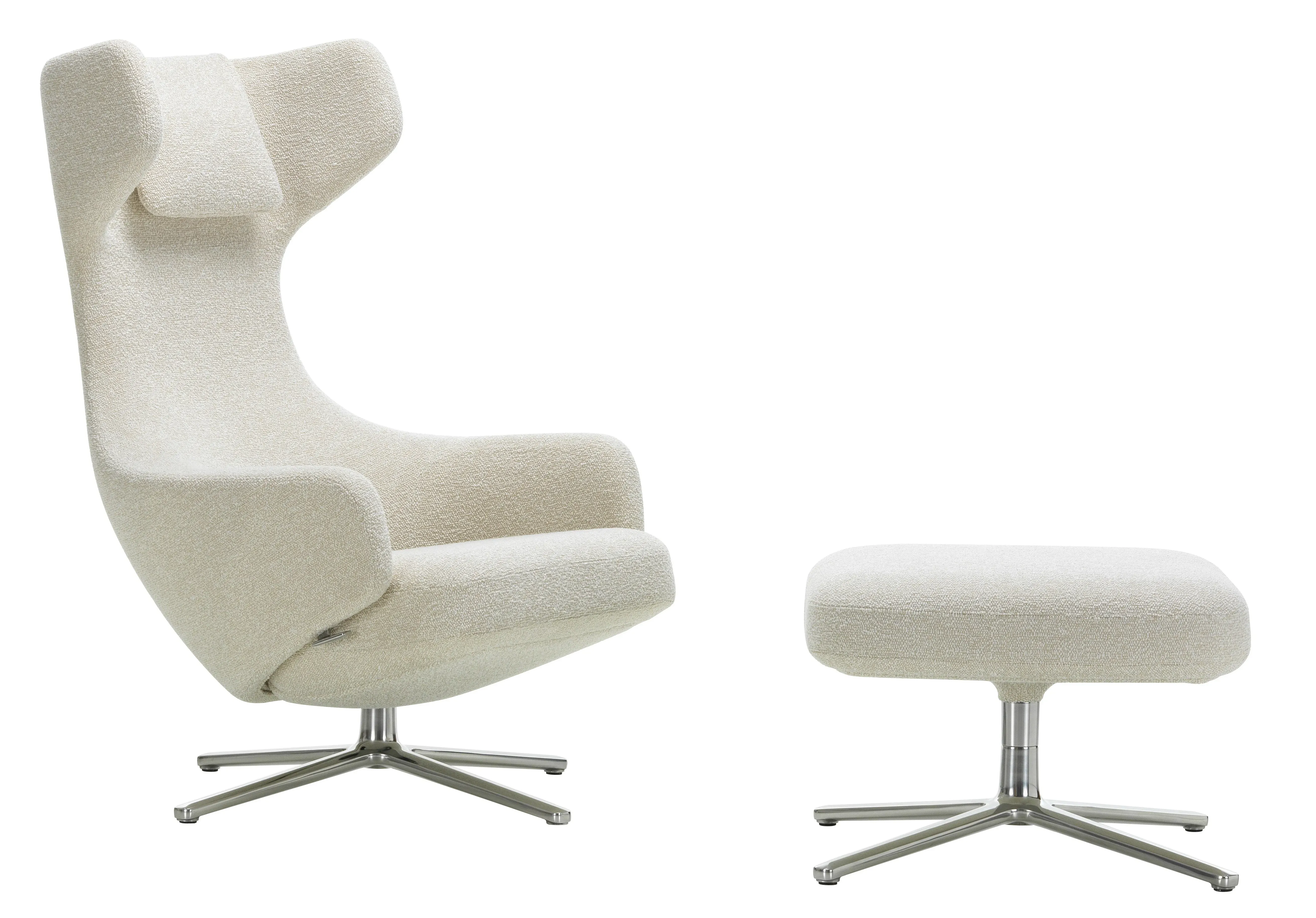 Vitra Fauteuil Grand Repos & Ottoman nouvelle édition - Aluminium poli - ivoire/ perle - Hauteur du siège 40 cm