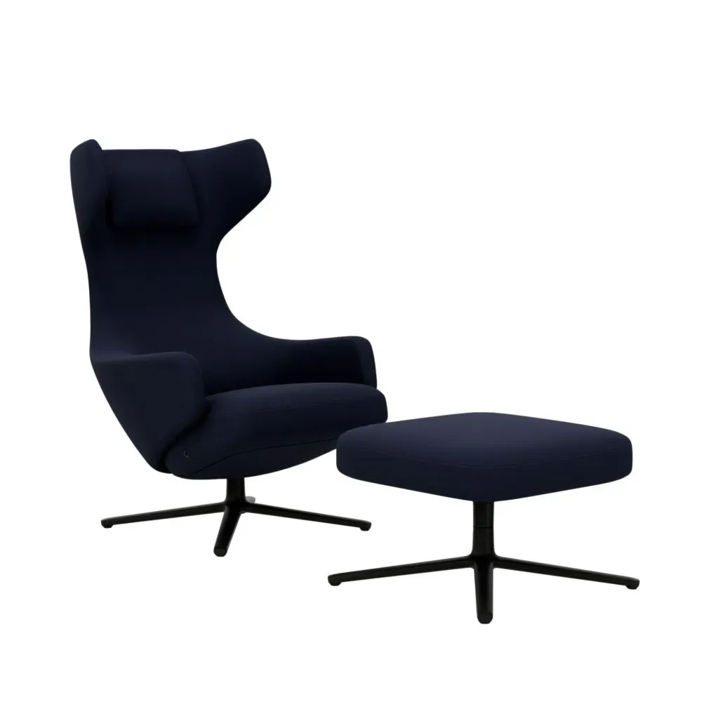 Vitra Fauteuil Grand Repos & Ottoman nouvelle édition - noir basique enduit de poudre - Cosy2 point de croix 21 bleu foncé - Hauteur du siège 40 cm