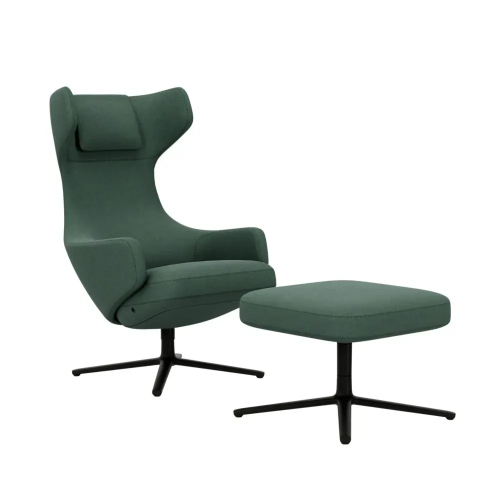 Vitra Fauteuil Grand Repos & Ottoman nouvelle édition - noir basique enduit de poudre - Cosy2 point de croix 17 vert roseau - Hauteur du siège 45 cm