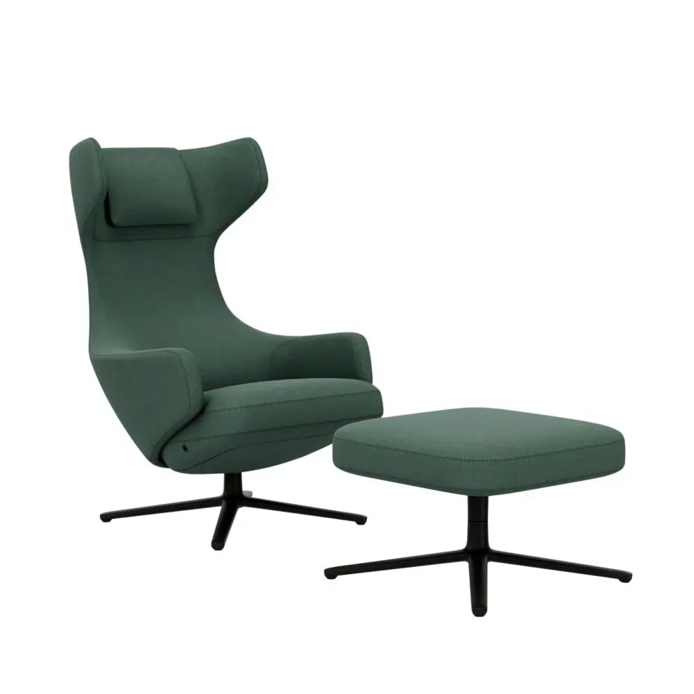 Vitra Fauteuil Grand Repos & Ottoman nouvelle édition - noir basique enduit de poudre - Cosy2 point de croix 17 vert roseau - Hauteur du siège 40 cm