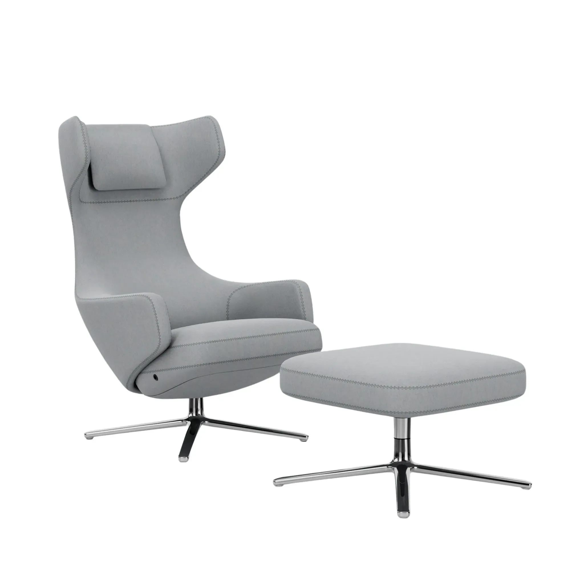 Vitra Fauteuil Grand Repos & Ottoman nouvelle édition - Aluminium poli - Cosy2 point de croix 12 bleu poudré - Hauteur du siège 40 cm