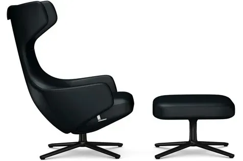 Vitra Fauteuil Grand Repos & Ottoman nouvelle édition - noir basique enduit de poudre - Cuir couture contraste 66 nero - Hauteur du siège 40 cm