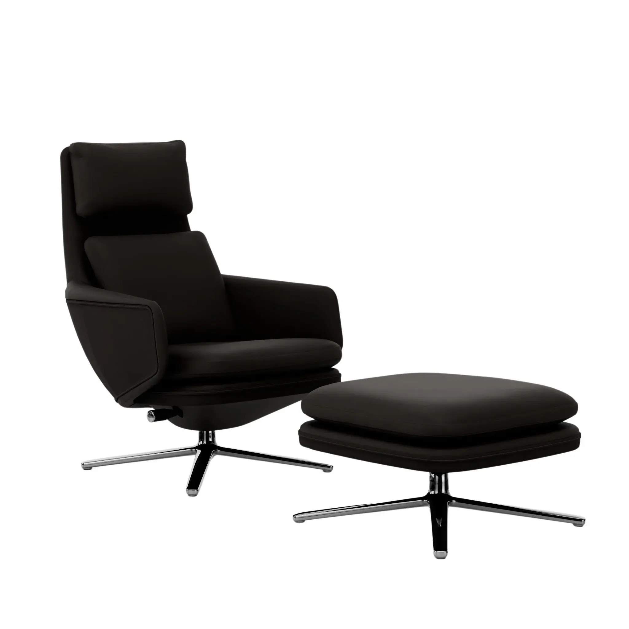 Vitra Grand Relax avec ottoman  - cuir chocolat - Aluminium poli