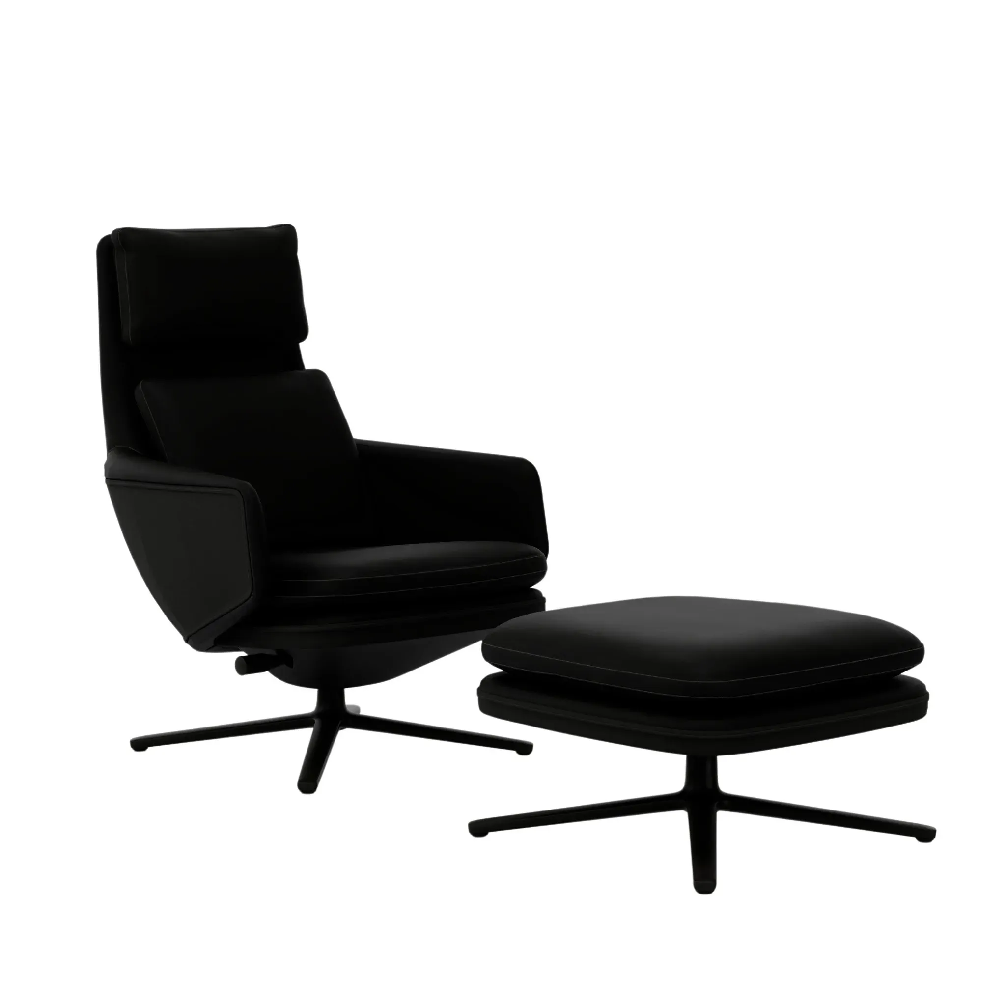 Vitra Grand Relax avec ottoman  - cuir noir - noir basique enduit de poudre