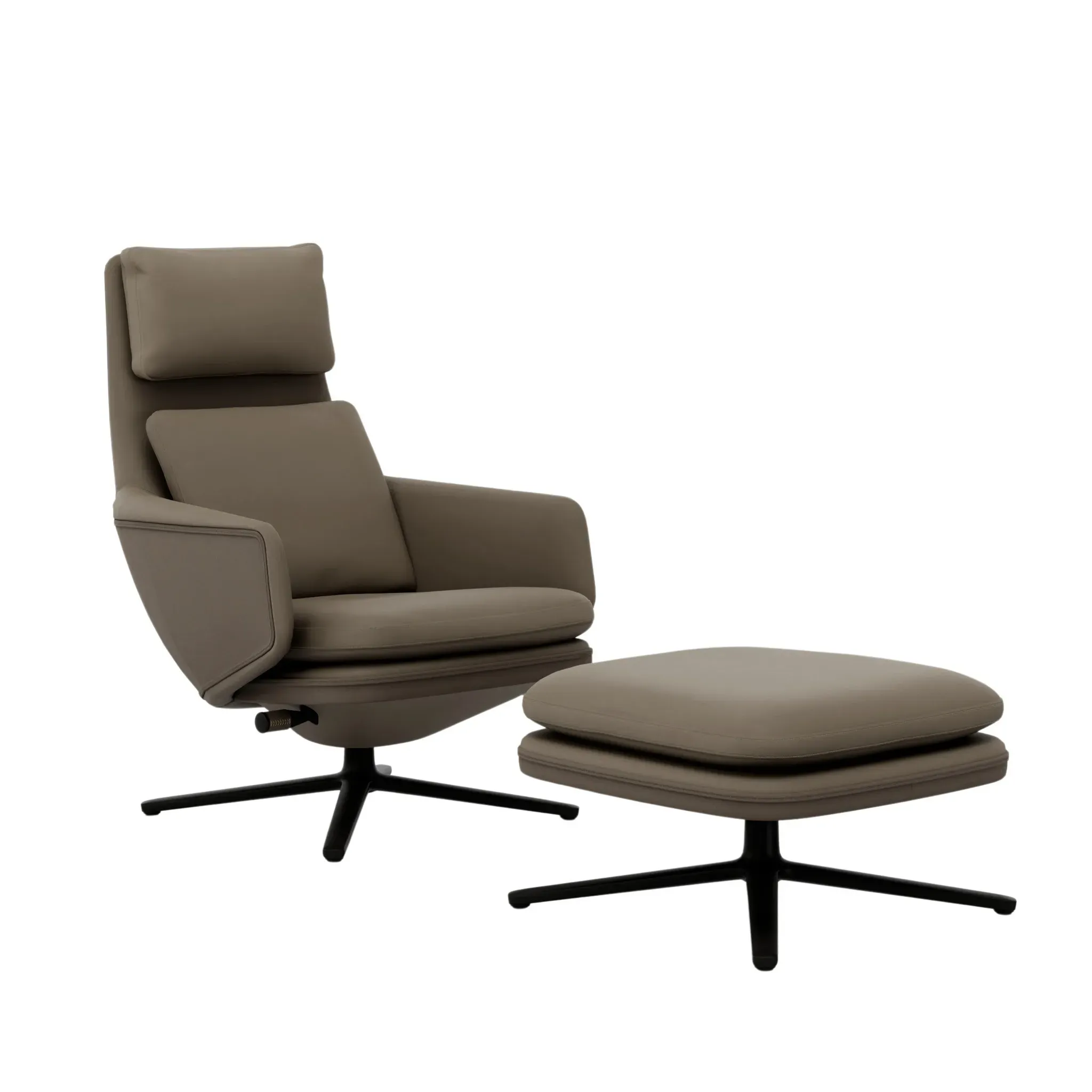Vitra Grand Relax avec ottoman  - cuir sable - noir basique enduit de poudre