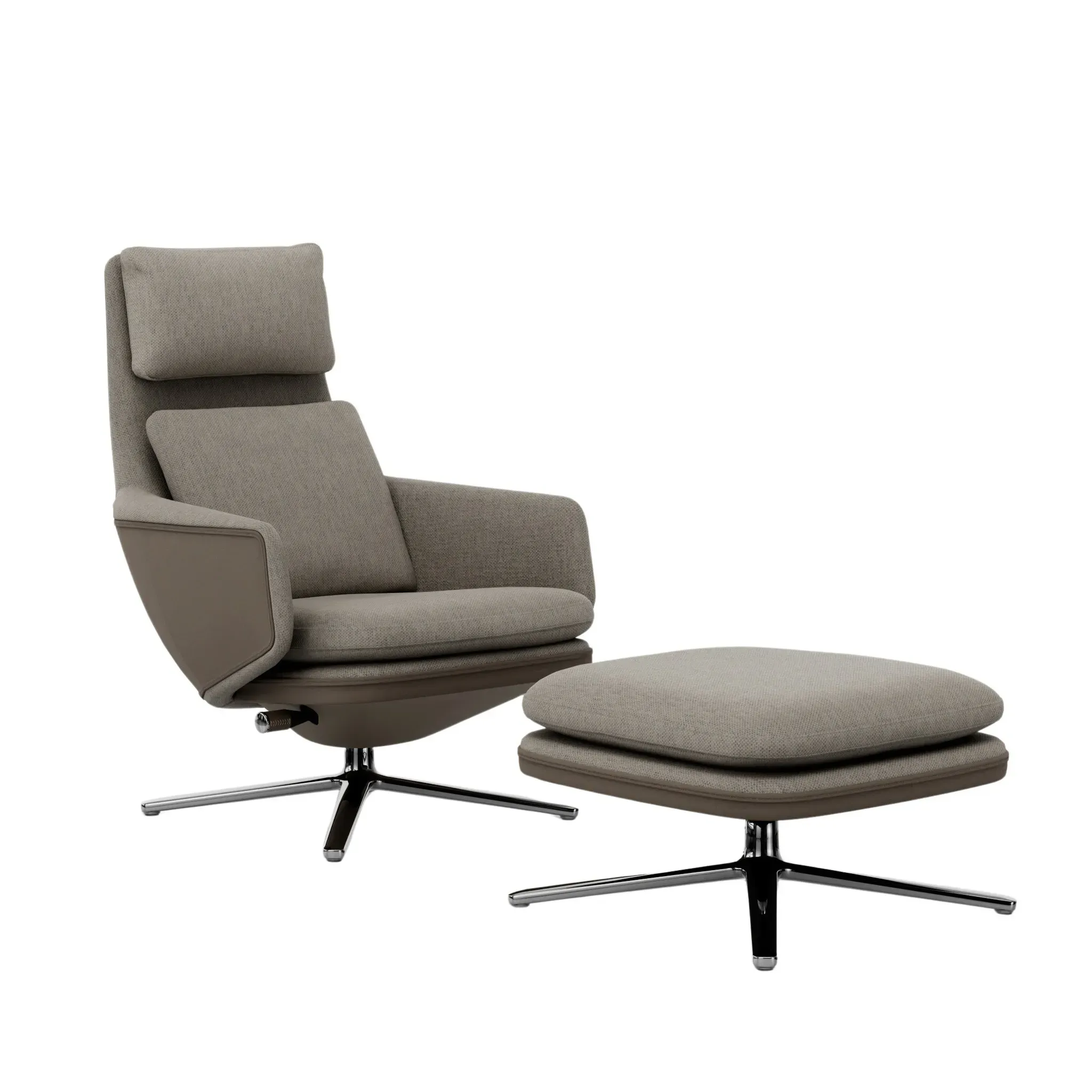 Vitra Grand Relax avec ottoman  - Cuir Forte sable / Corsaro stone melange - Aluminium poli