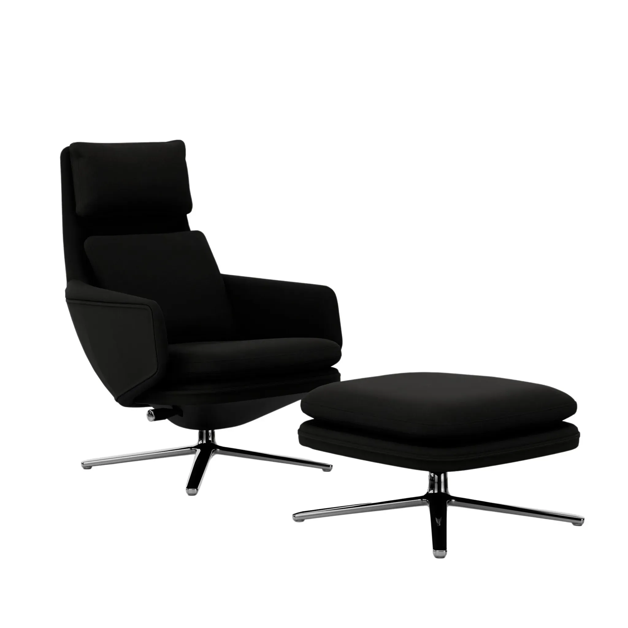 Vitra Grand Relax avec ottoman  - Cuir Forte nero / Cosy merino noir - Aluminium poli