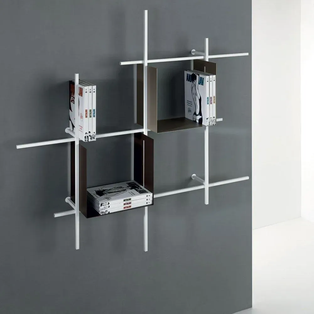 Bibliothèque murale STOCKHOLM structure blanche 1 casier taupe et 1 casier chocolat