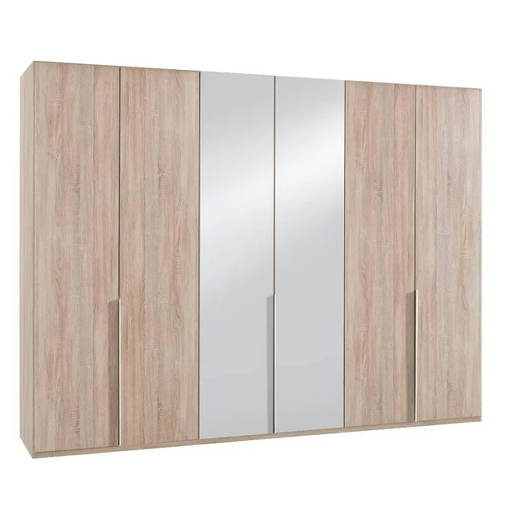 Armoire 6 portes 2 miroirs WILMA 270 cm chêne naturel