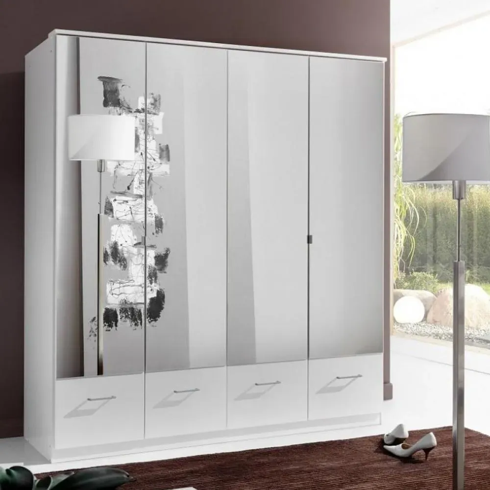 Armoire penderie DINGLE 4 portes miroirs 4 tiroirs largeur 179 blanche