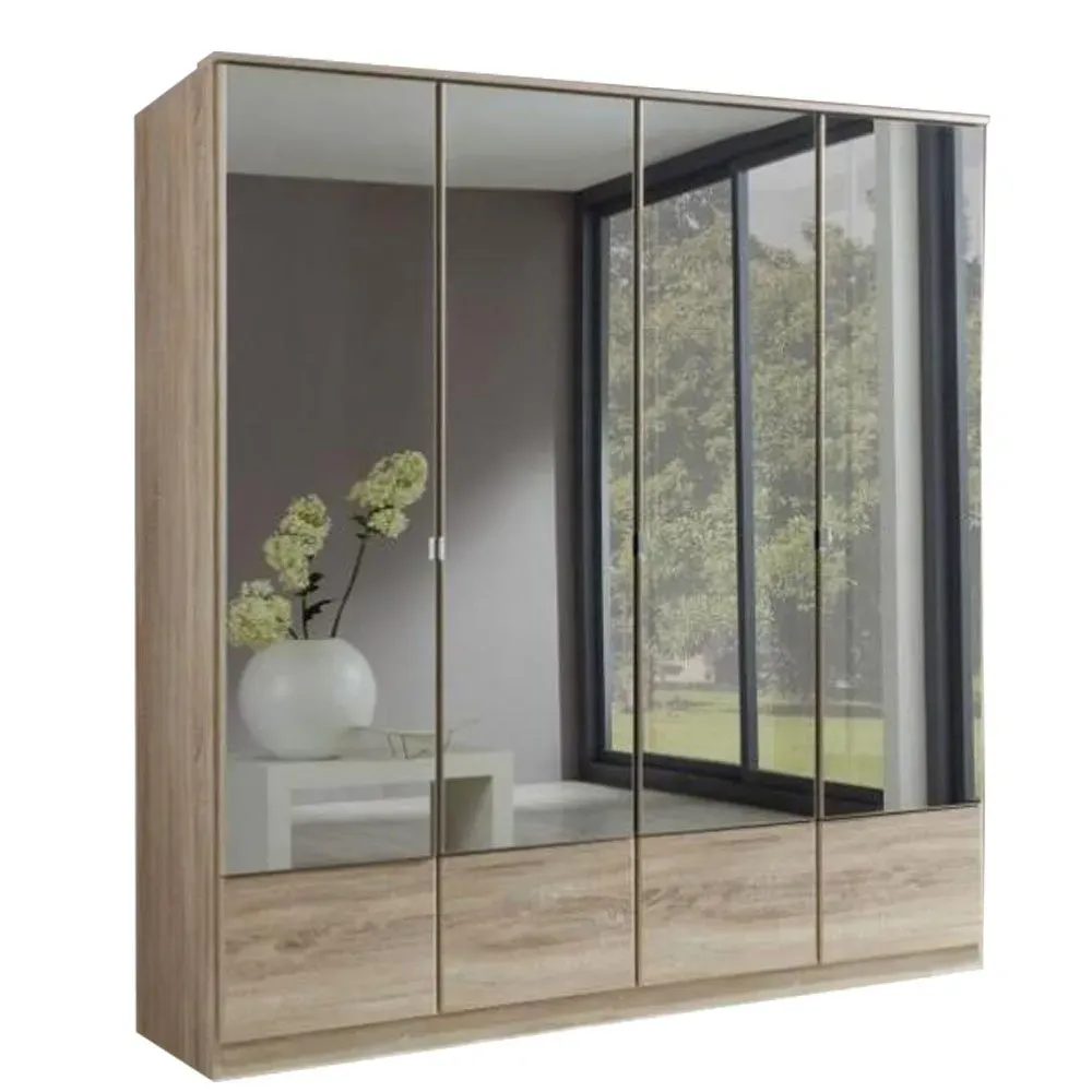 Armoire penderie DINGLE 4 portes miroirs largeur 179 chêne