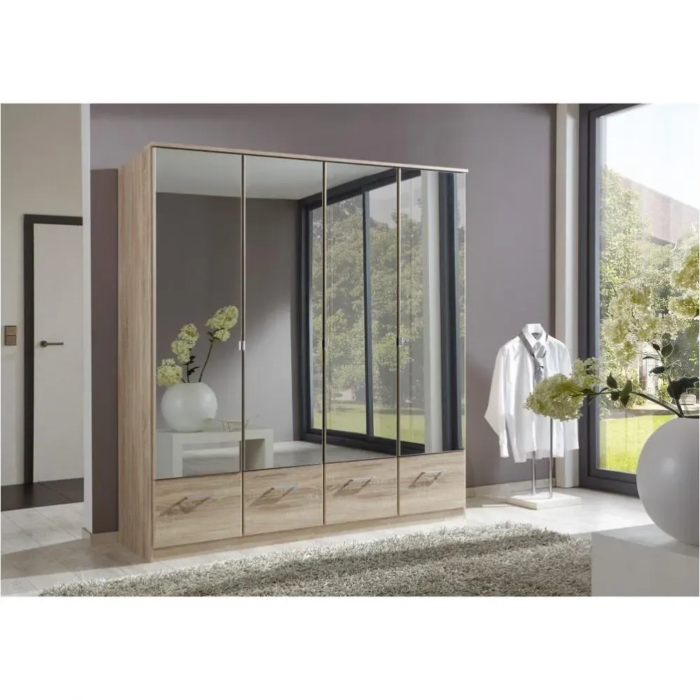 Armoire penderie DINGLE 4 portes miroirs 4 tiroirs largeur 179 chêne