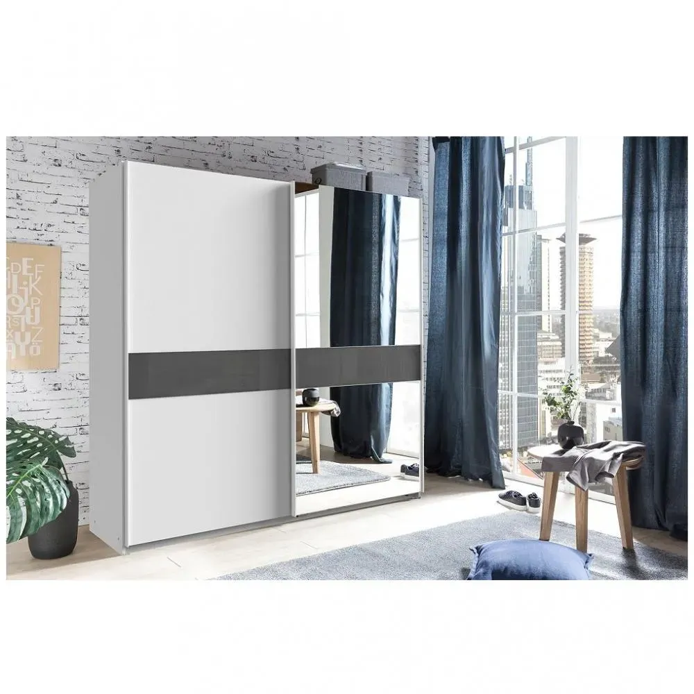 Armoire portes coulissantes COMBER 179 cm blanc / rechampis verre gris