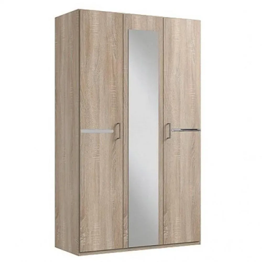 Armoire 3 portes miroir CARAMELLA largeur 135 cm chêne rechampi chrome brillant.