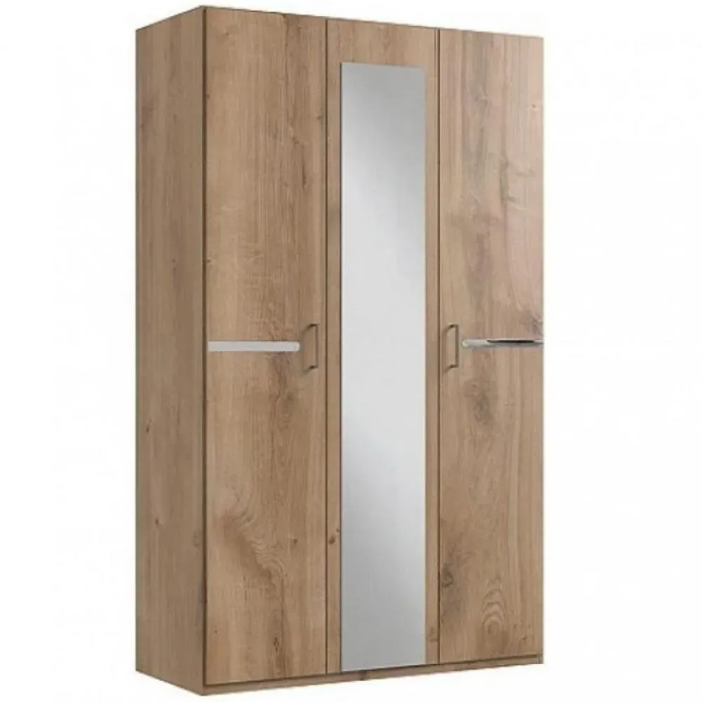 Armoire 3 portes miroir CARAMELLA largeur 135 cm chêne poutre rechampi chrome brillant.