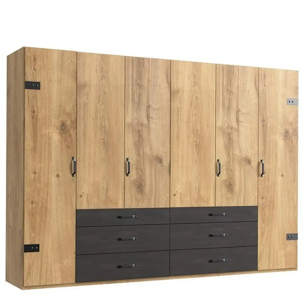 Armoire PORTLAND style industriel 300 cm 6 portes chêne poutre / graphite