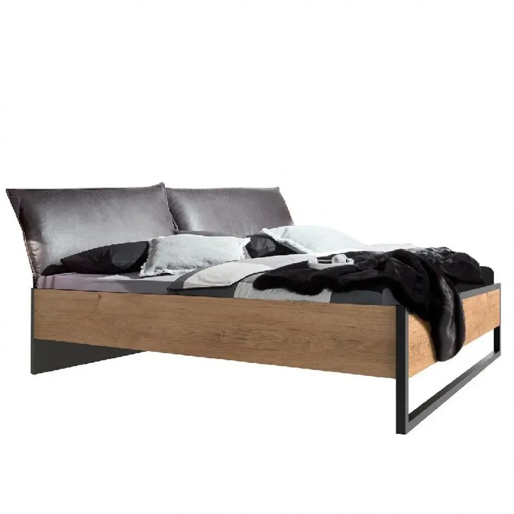 Lit PORTLAND style industriel 160 x 200 cm chêne poutre / tête synthétique vieilli