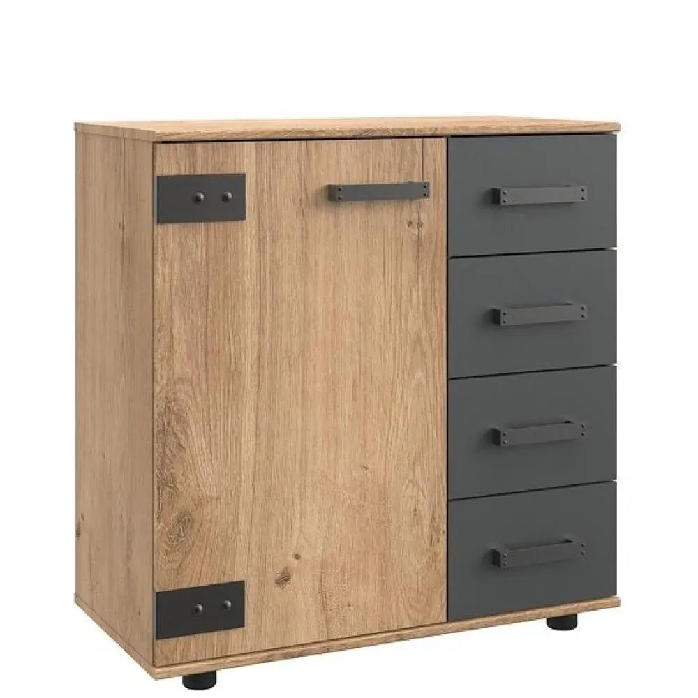 Commode Buffet VERNON style industriel 4 tiroirs graphite 1 porte chêne poutre