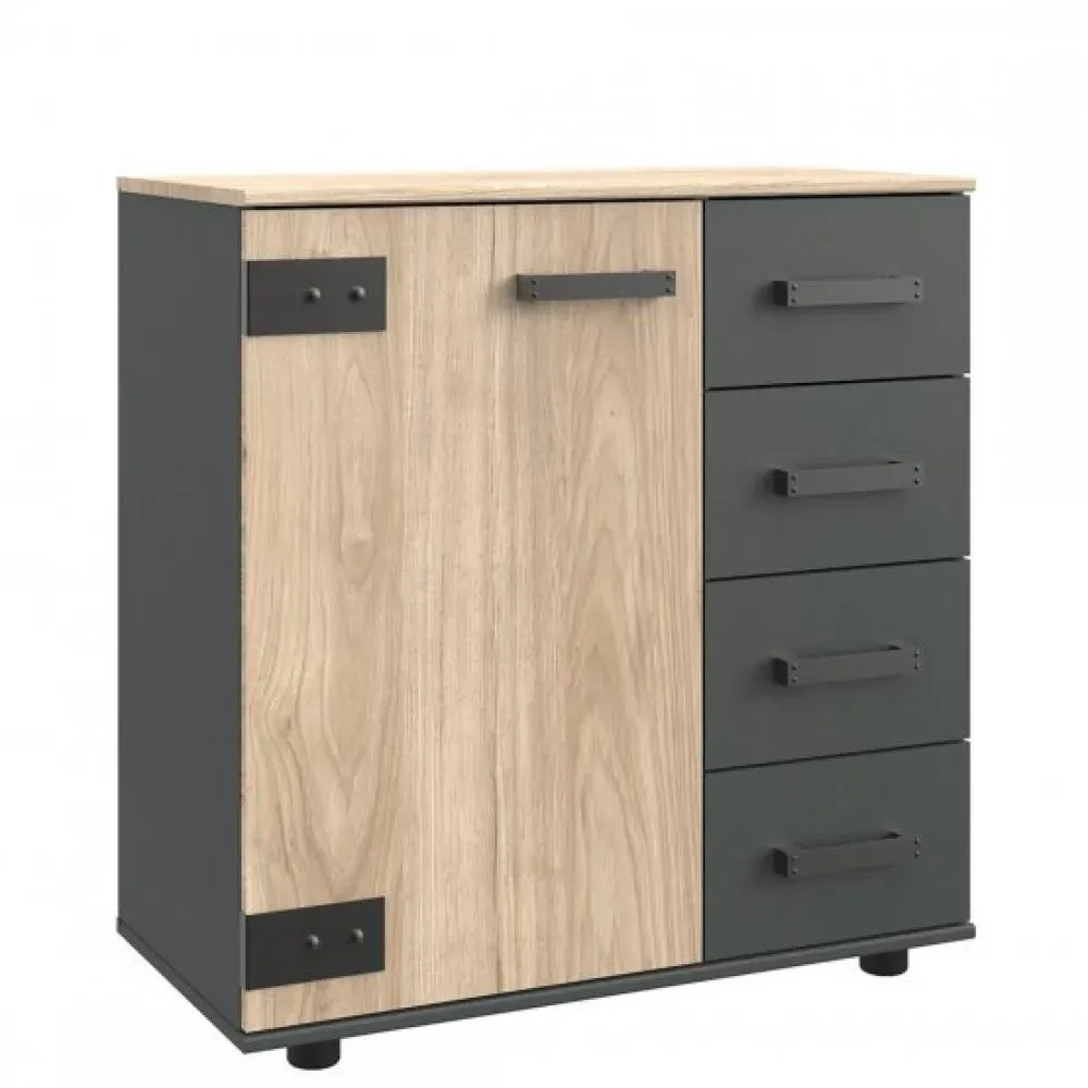Commode Buffet VERNON style industriel 4 tiroirs graphite 1 porte pin argenté vieilli
