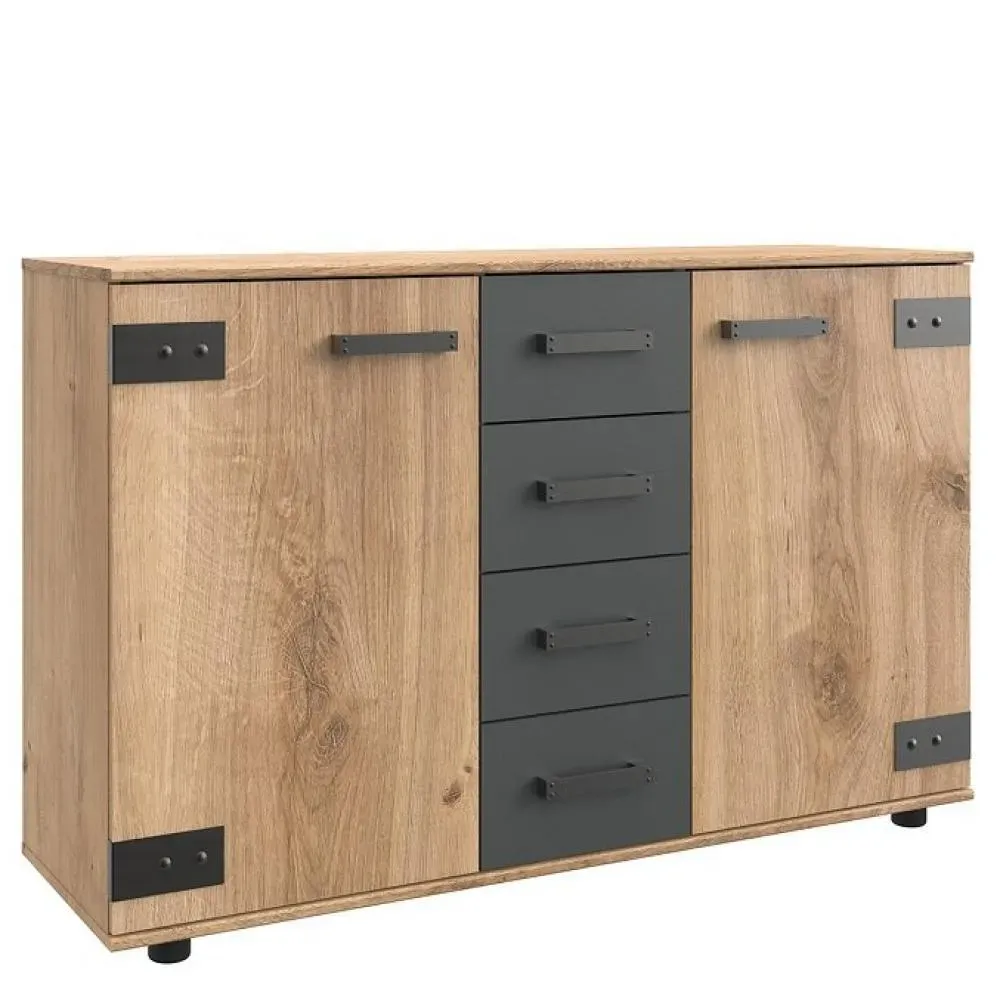 Commode Buffet VERNON style industriel chêne poutre tiroirs graphite