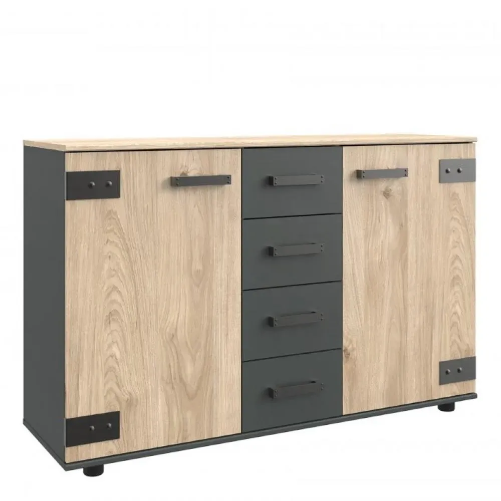 Commode Buffet VERNON style industriel pin argenté vieilli tiroirs graphite