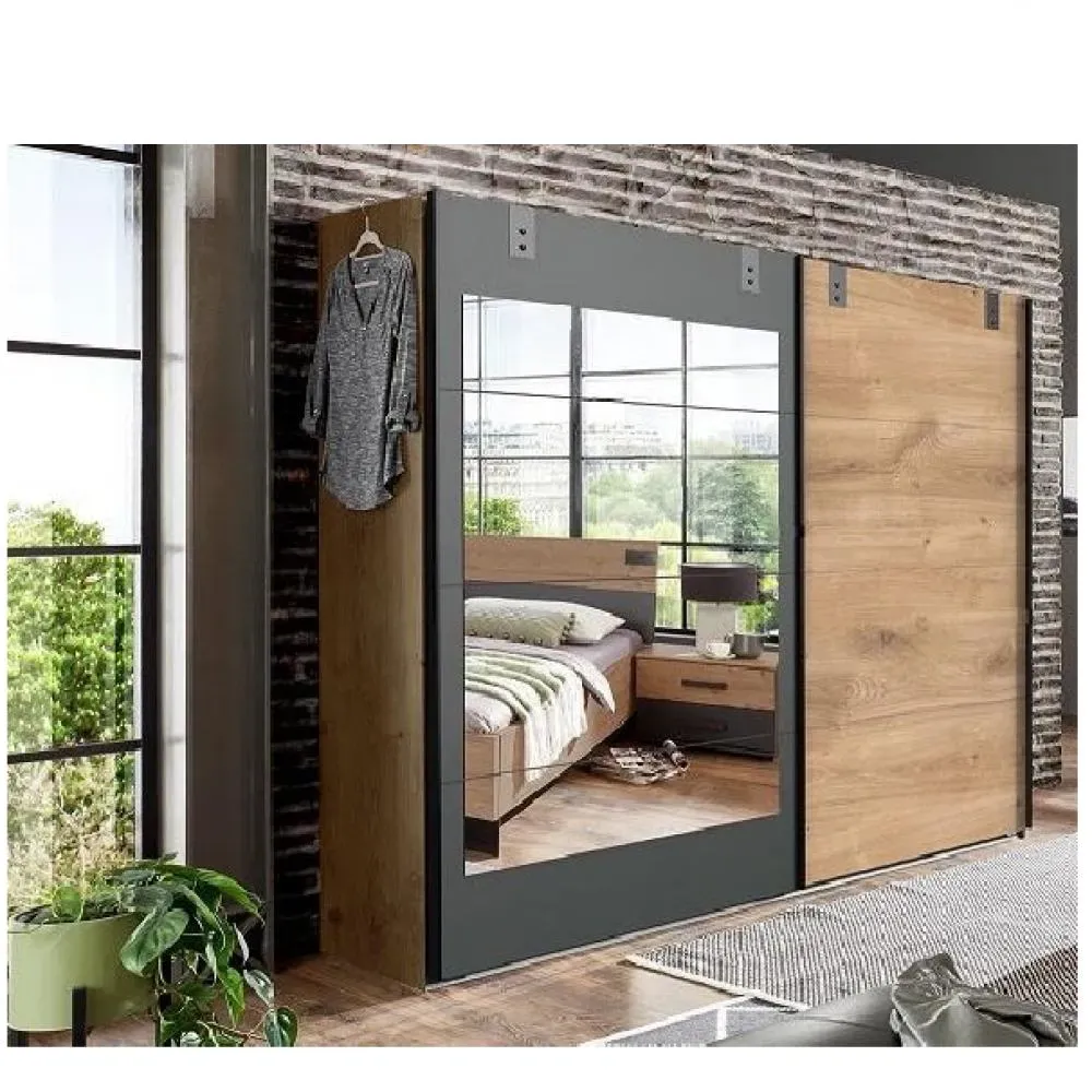 Armoire coulissante VERNON style industriel 1 porte chêne poutre 1 porte miroir