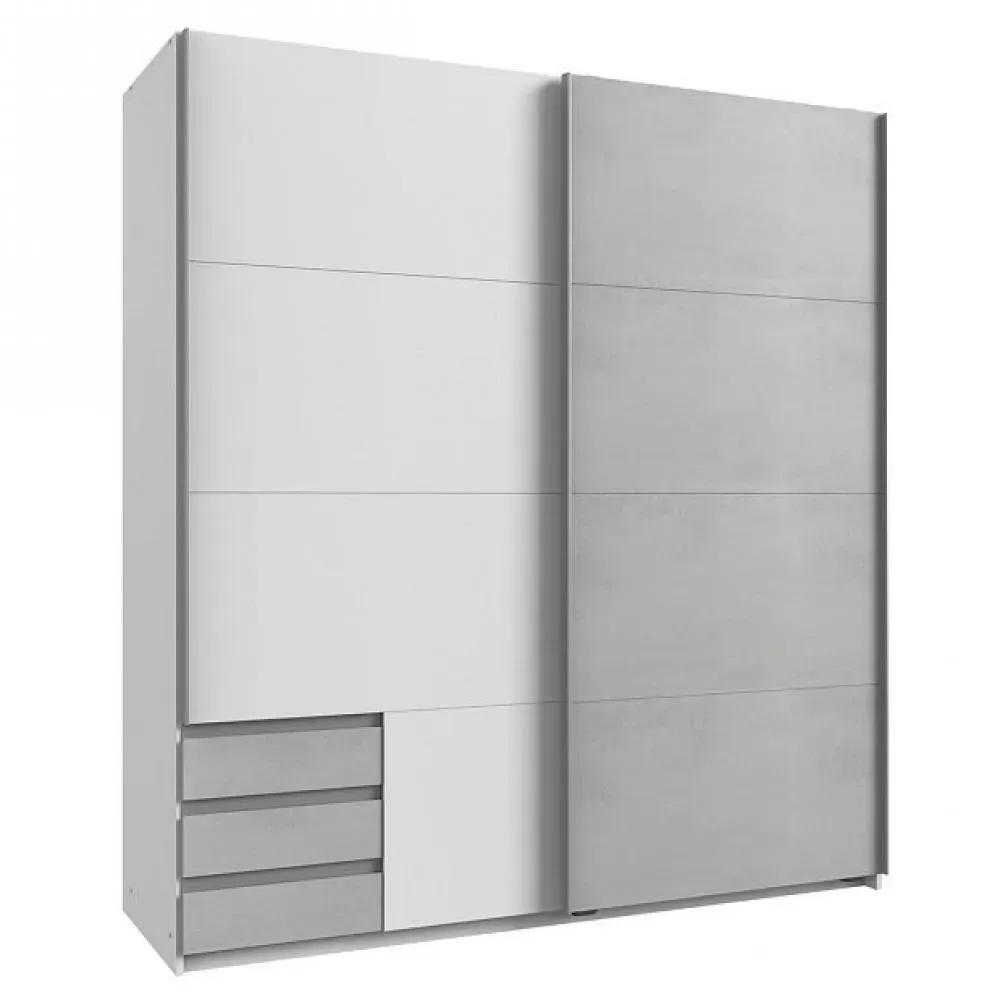 Armoire de rangement EDONA 179 cm portes coulissantes 3 tiroirs blanc / gris clair béton