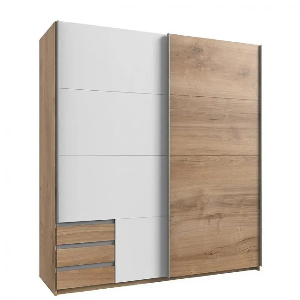 Armoire de rangement EDONA 179 cm portes coulissantes 3 tiroirs chêne poutre / blanc
