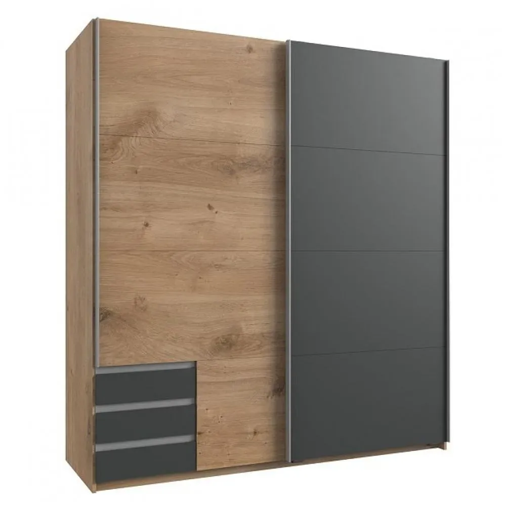 Armoire de rangement EDONA 179 cm portes coulissantes 3 tiroirs chêne poutre / graphite
