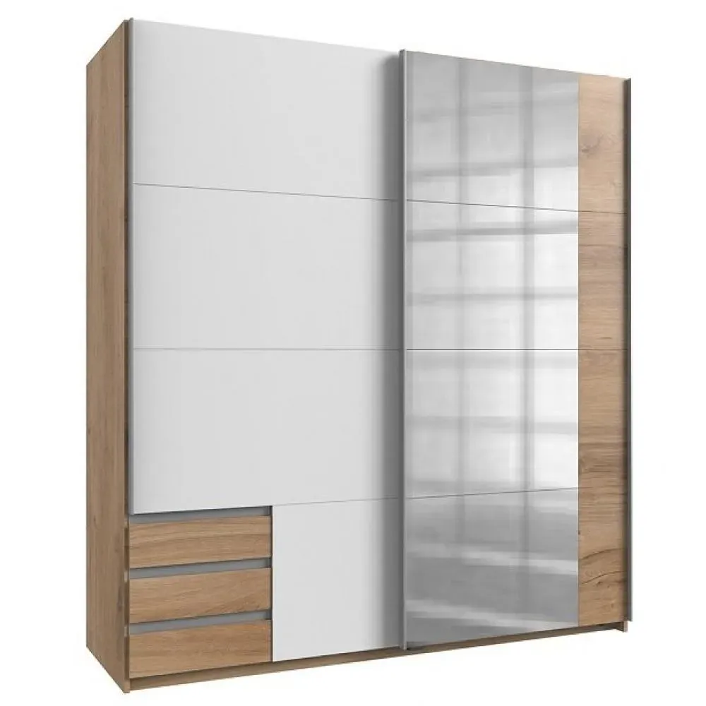 Armoire de rangement EDONA 179 cm portes coulissantes miroir chêne poutre / blanc