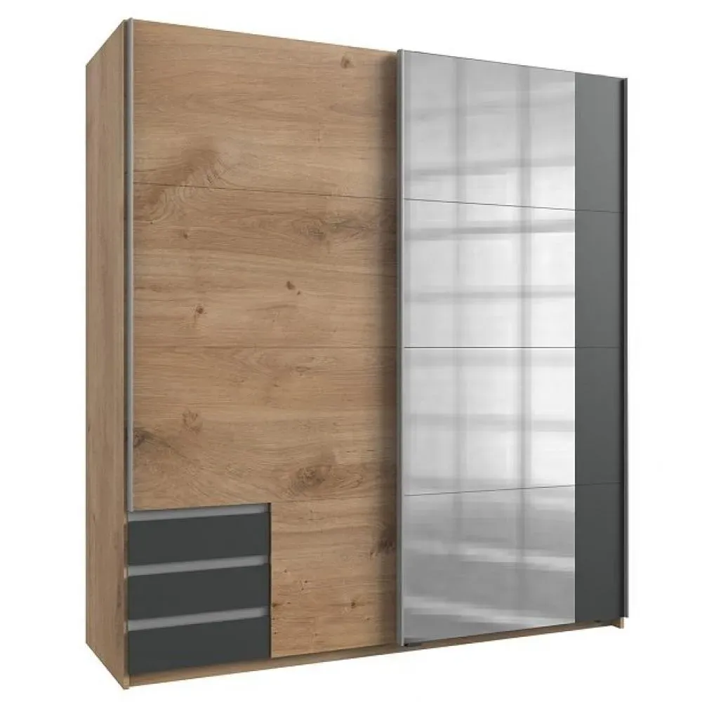Armoire de rangement EDONA 179 cm portes coulissantes miroir chêne poutre / graphite