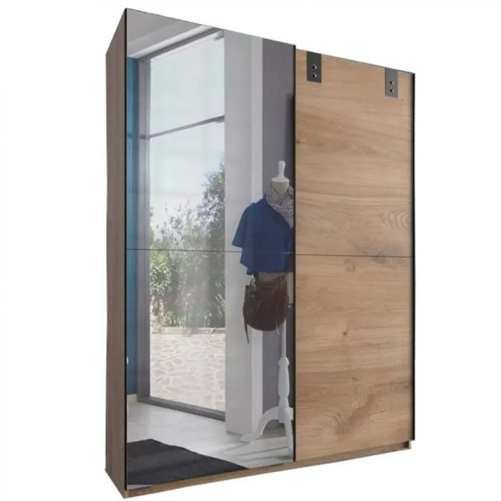 Armoire EMY style industriel 135 cm coulissante chêne poutre / miroir