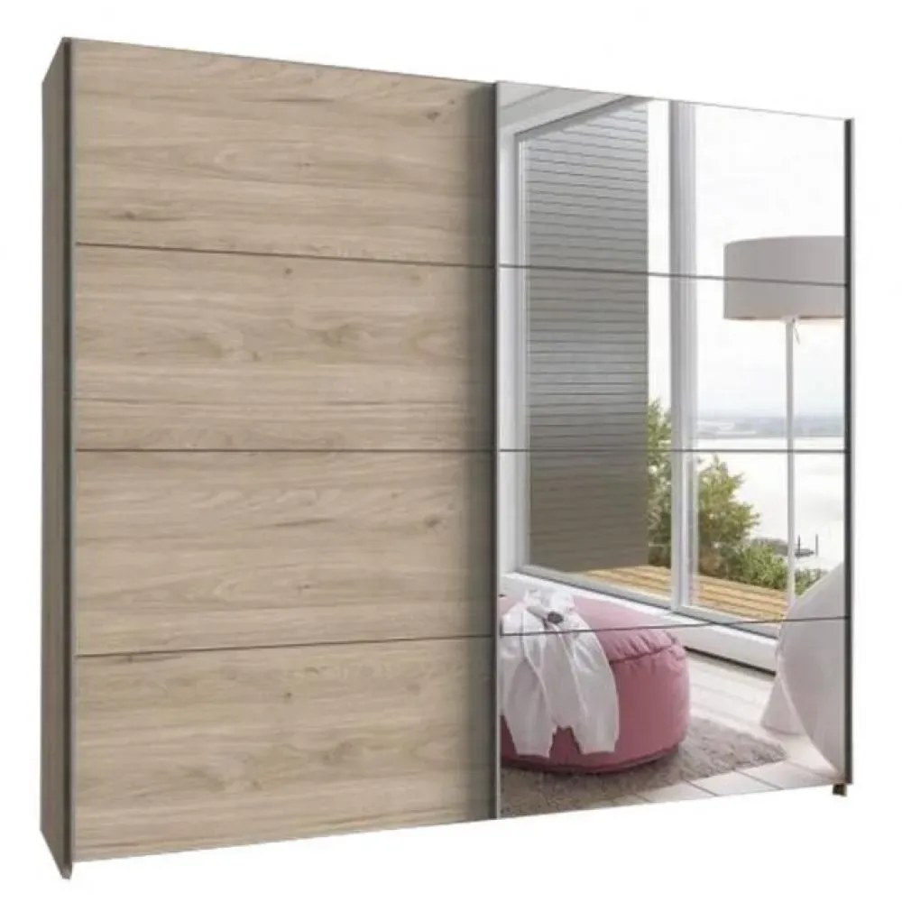 Armoire de rangement 2 portes coulissantes EDWIG 225 cm chêne / miroir